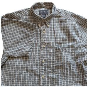 Eddie Bauer Shirt Mens Medium Brown Blue Plaid Button Down Short Sleeve Outdoors